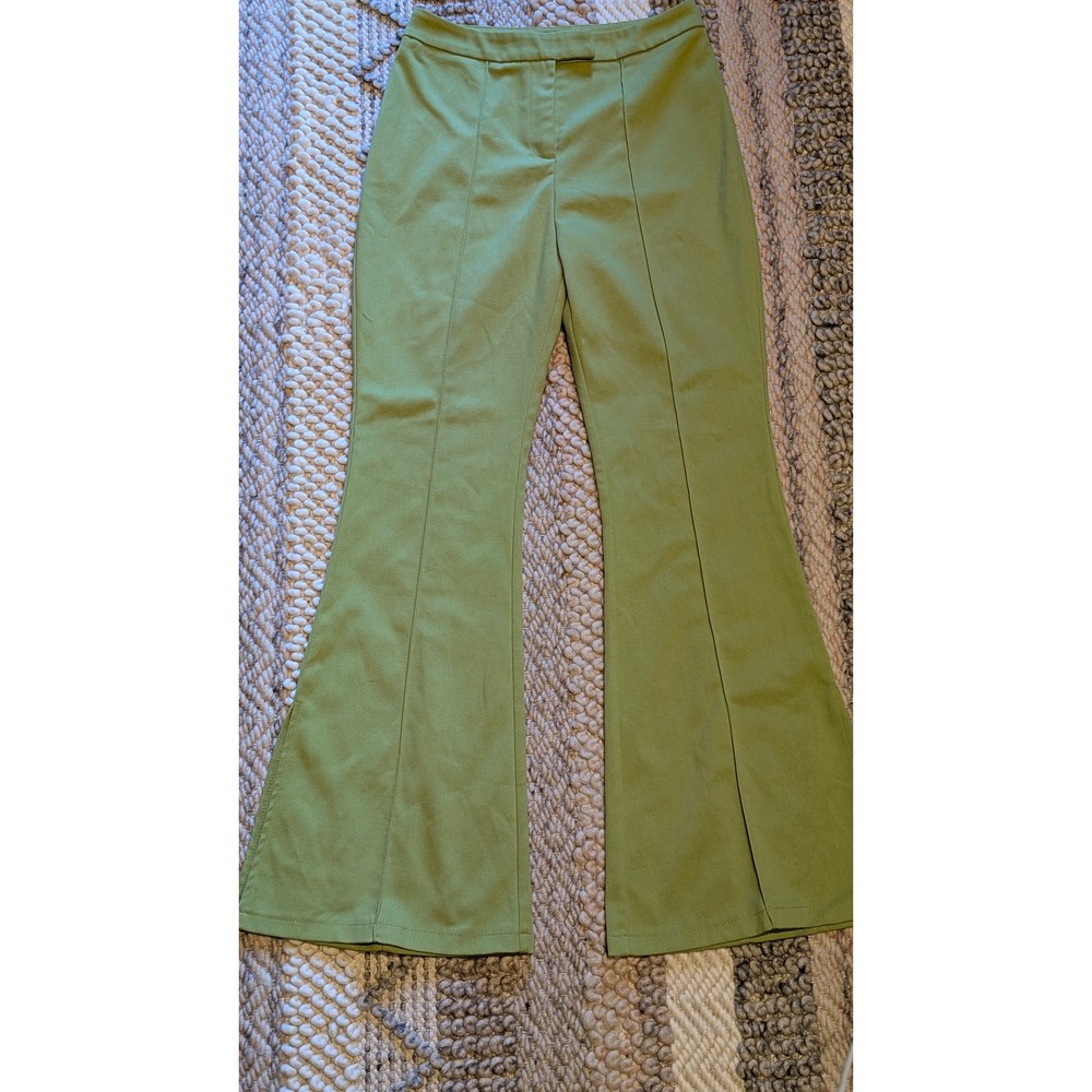 Lime Green High Waisted Flare Leg Pants Side Slit Size 6 retro 70's mod boho - Picture 2 of 12